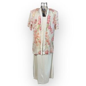Vintage Sheri Martin 90's Sheath Dress Sheer Floral Jacket Topper Set Tan Size 8